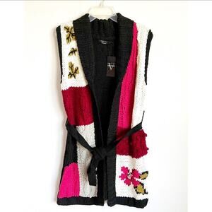 Vertigo Chunky Color Block Open Front Tie Waist Floral Sweater Vest Medium